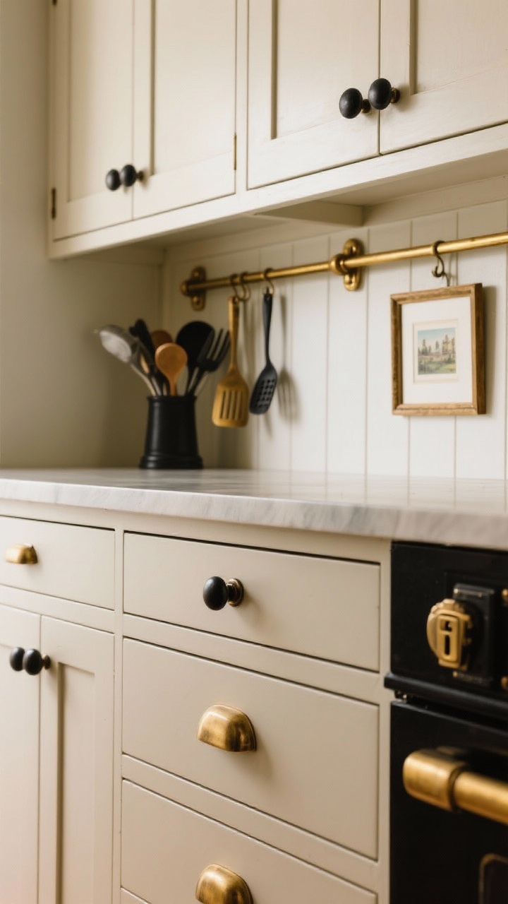 Closeup detail of bold hardware and rails: substantial, chunky cabinet pulls on shaker drawers, a mix of brass and black metals repeated on knobs and hinges, and a brass gallery rail below the uppers holding utensils and a tiny framed print. Include a few latch closures on upper cabinet doors for vintage charm. Warm, directional lighting, no people.