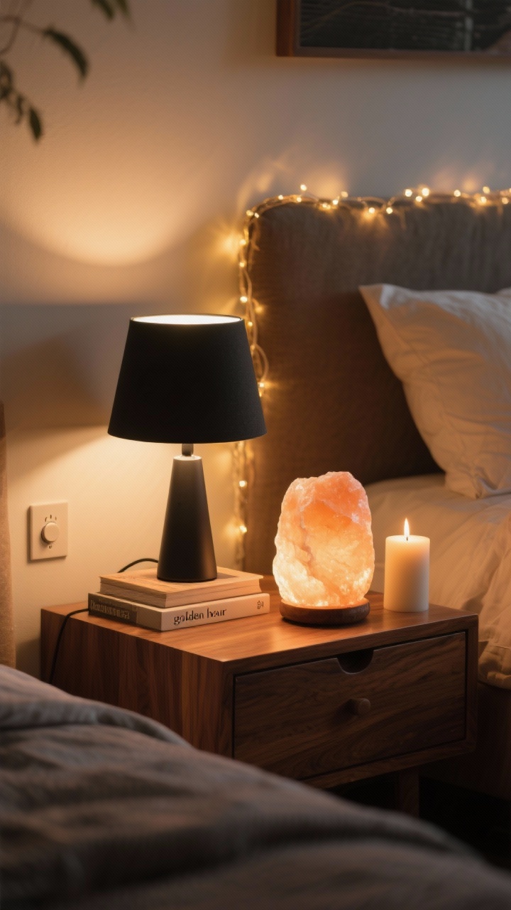 Detail closeup, corner angle, of layered mood lighting that glows: a matte black bedside lamp with a warm white 2700K bulb on a walnut nightstand, an alabaster or salt lamp casting diffused amber light on a dresser in the background, and soft fairy lights woven along a headboard edge; include a dimmer switch on the wall slightly in frame; an LED candle with realistic flicker beside a small stack of books; avoid overhead glare, emphasize “golden hour” ambience, no harsh highlights; color temperature warm (2700–3000K), photorealistic low-light rendering.