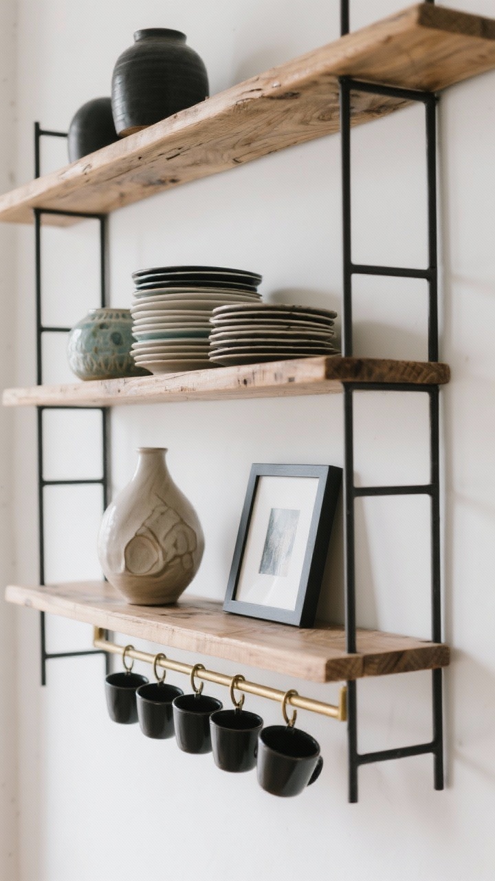 Detail shot of artsy open shelving from a side angle: raw wood floating shelves styled like a bookcase with groupings of three—stack of plates, a sculptural ceramic vase, and a small framed print. Mix glazed ceramics, matte black metal accents, and a slim brass gallery rail with cups hanging to reduce clutter. Soft daylight, crisp focus, no people.