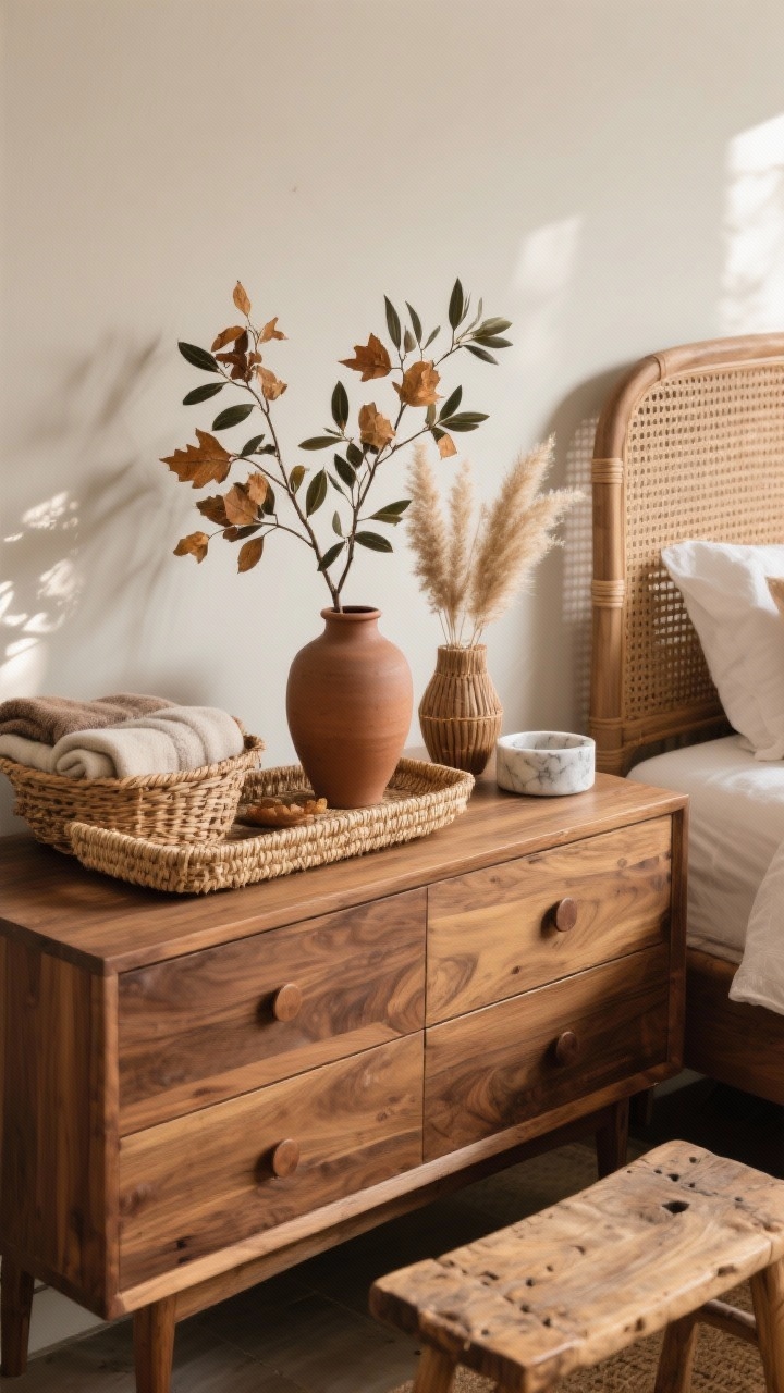 Medium shot of a dresser vignette showcasing organic fall layers: walnut dresser surface styled with a seagrass tray, a matte ceramic vase holding dried olive/maple branches, a terra-cotta pot with pampas grass, and a small marble catchall; to the side, a cane headboard and rattan basket filled with folded blankets are partially visible; include an oak bench or vintage wooden stool near the foot of the bed; neutral backdrop with warm wood tones and woven textures; soft afternoon light with gentle shadows to highlight grain and fiber; sculptural, nature-forward, photorealistic.