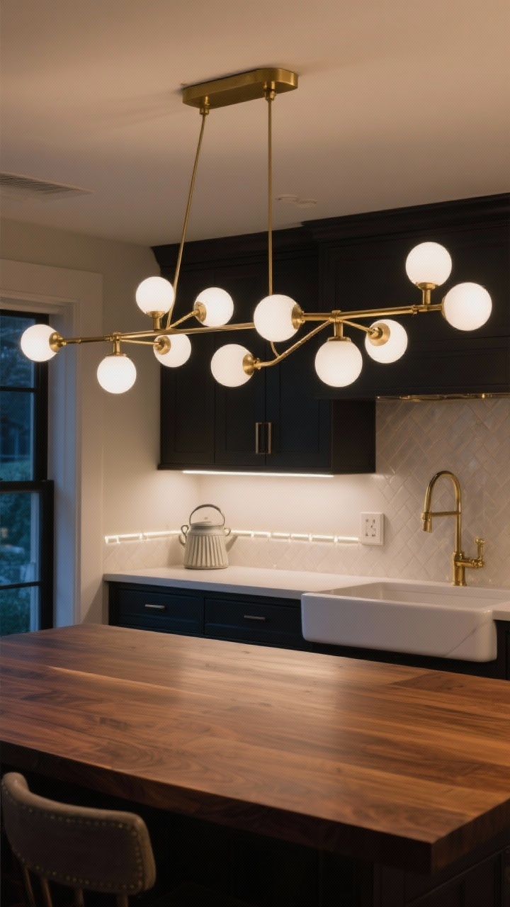 Medium shot of a kitchen island scene showcasing statement lighting: a sculptural linear chandelier with milk-glass globes centered over a walnut-topped island, a small pleated sconce over the farmhouse sink, and subtle under-cabinet LED strips casting a chef-y glow along the backsplash. Evening ambience with dimmers engaged, reflective brass details, no people.