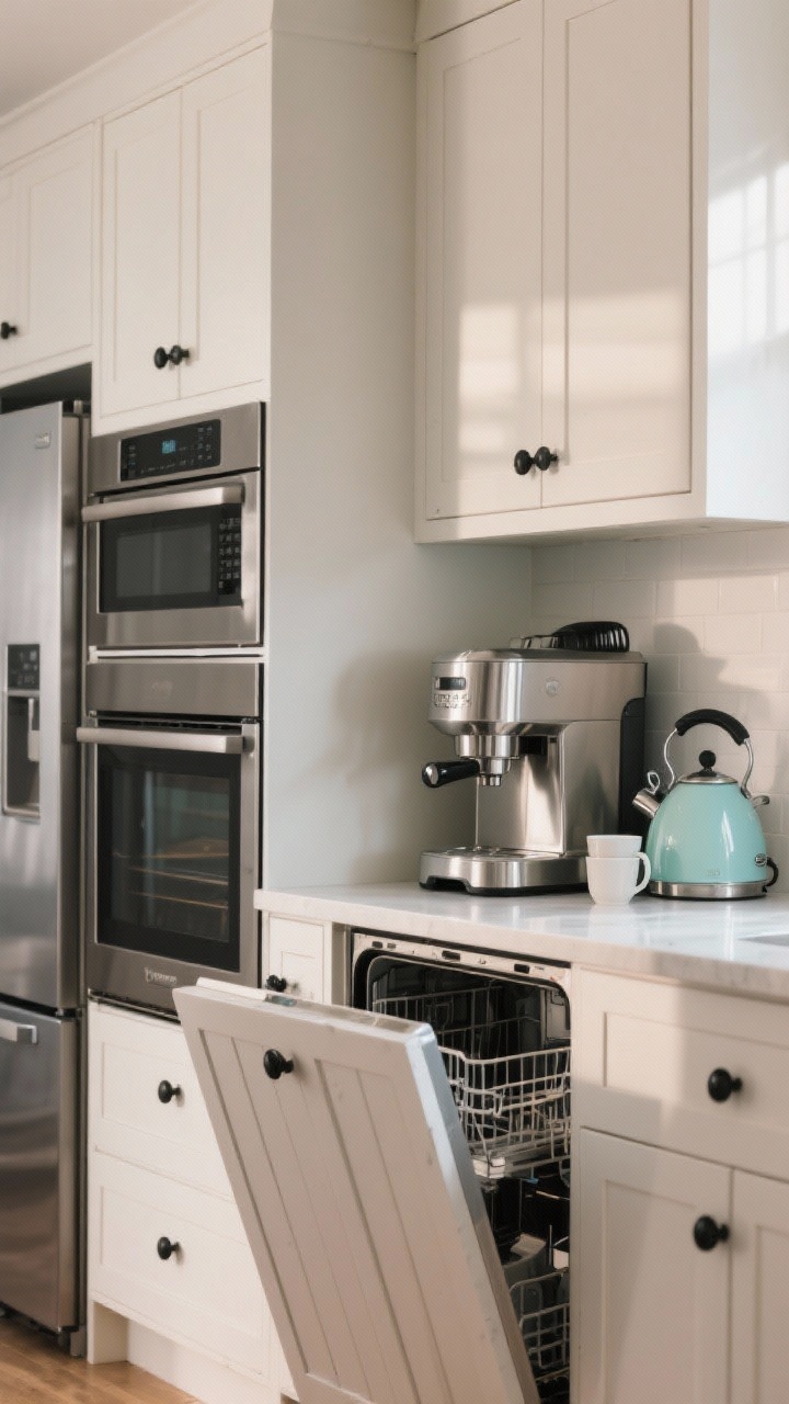 Medium shot of an appliance vignette: a paneled dishwasher blending seamlessly with cabinetry, an oven and fridge updated with matte black hardware, and a retro-colored toaster and kettle on the counter. A proud, stainless-steel countertop espresso machine sits styled with cups nearby. Soft morning light, minimal clutter, no people.