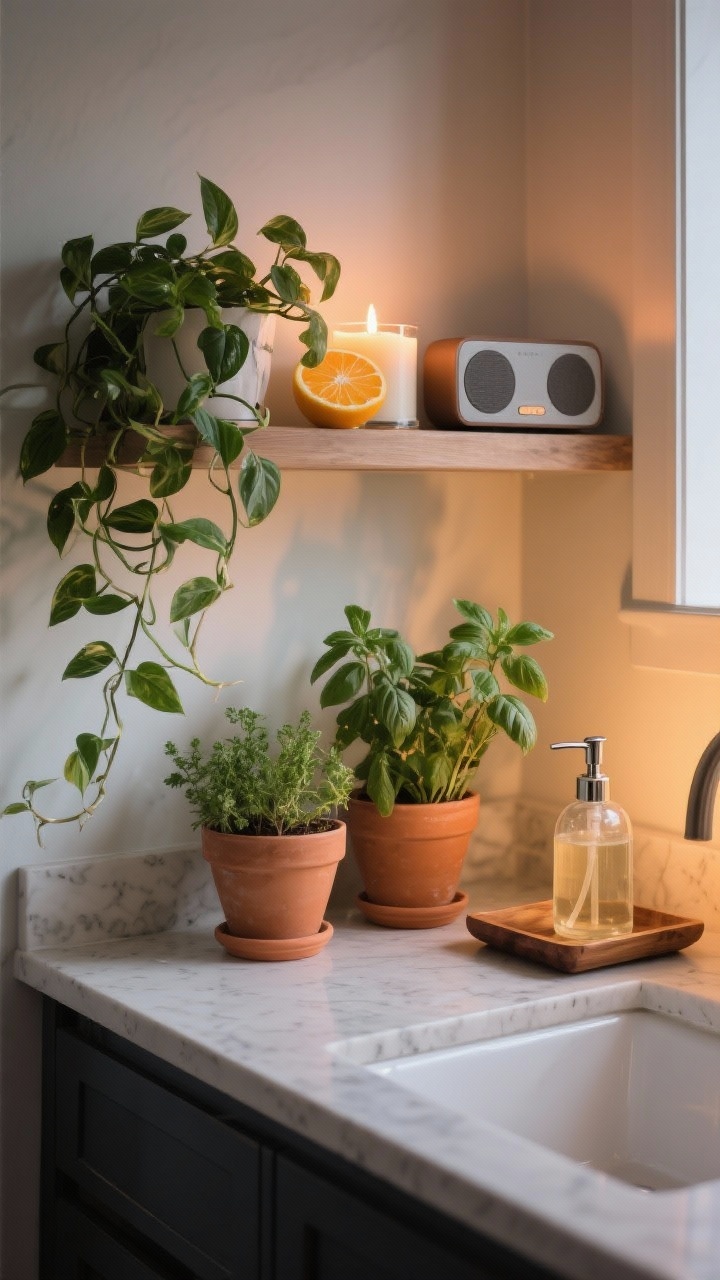 Medium vignette of finishing touches on a countertop and shelf: a trio of herbs in terra-cotta pots beside a trailing pothos, a lit citrus-and-basil candle, and a compact speaker tucked on a shelf. Include a refillable glass pump for dish soap beside the sink on a small wood tray. Cozy evening glow with layered ambient light, no people.