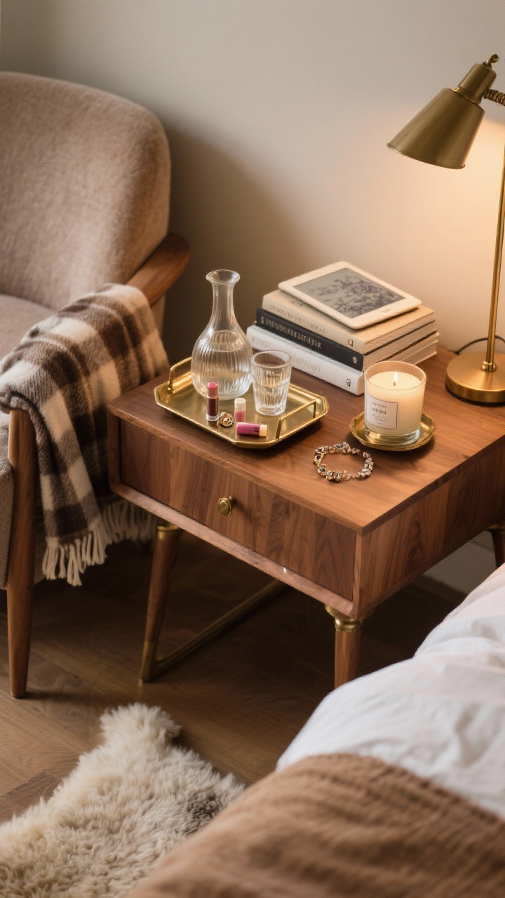 Overhead detail shot of a cozy ritual nightstand setup: small tray corralling glasses, lip balm, and jewelry; a glass carafe with matching tumbler, a book stack with an e-reader on top, and a candle or diffuser labeled with calming scents (lavender, cedar, or vanilla); edge of a plush accent chair with a flannel throw entering frame; glimpse of a sheepskin or runner beside the bed at the bottom of the shot; finishes in warm woods with antique brass accents; subtle warm light from a focused task lamp out of frame creating a serene bedtime vibe; clutter-free, photorealistic.