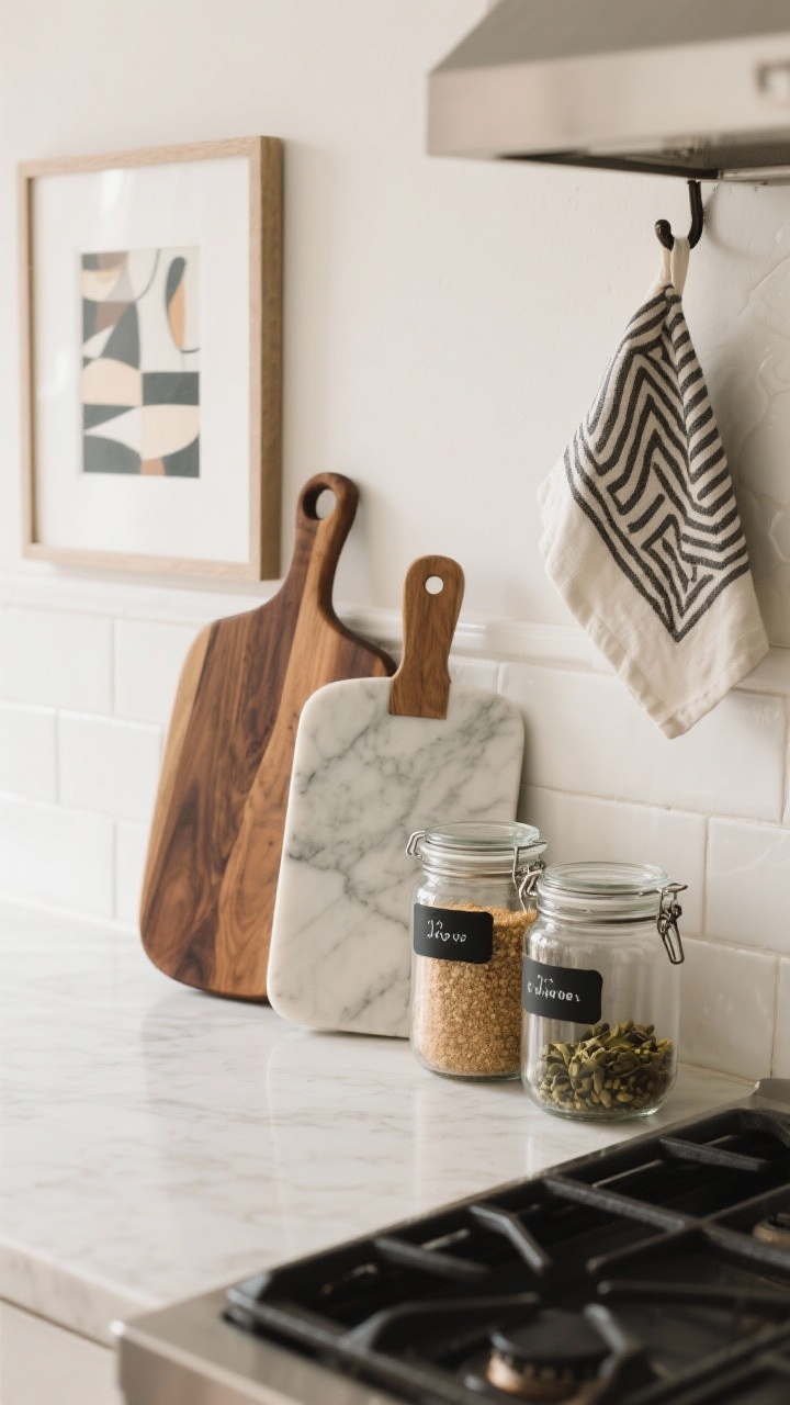 Overhead flat-lay of functional decor: a trio of cutting boards—walnut, olive wood, and marble—leaning against a subtle backsplash, glass jars with black labels decanting pantry staples, and a rotated graphic tea towel hanging from a hook. Add a small framed abstract print near the range edge. Natural light, tactile textures, no people.