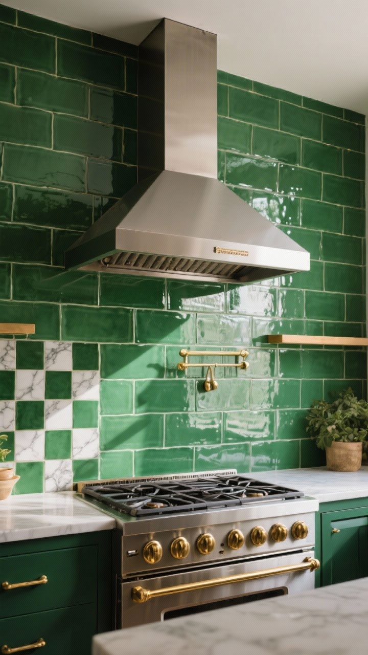 Photorealistic closeup of a bold kitchen backsplash wall taken straight-on: emerald green zellige tiles running all the way to the ceiling behind a range, paired with warm brass hardware and a sleek vent hood. Include a checkerboard marble accent panel behind the stove and a slim ledge. Soft natural daylight grazing the glossy tile to highlight texture; no people.