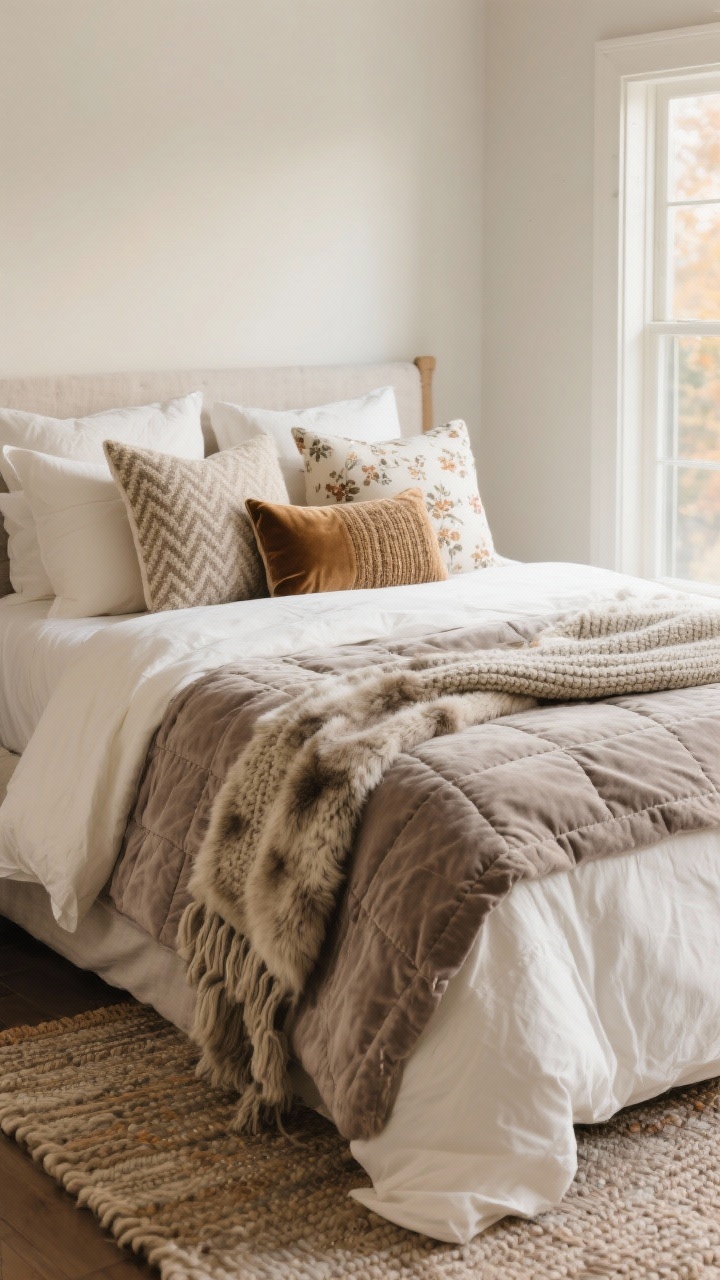Photorealistic medium shot of a autumn-ready bed styled with layered textures: cream percale sheets as the base, a lofty linen duvet in soft taupe, a velvet quilt folded mid-bed, and a chunky knit throw plus a faux fur blanket draped at the foot; pillow stack includes euro shams in boucle, standard pillows in velvet, and a long woven wool lumbar; patterns subtly mixed (windowpane, herringbone, and small-scale floral) in a tonal palette of cream, taupe, and soft gray; include a plush woven rug peeking from under the bed; soft natural morning light from a side window emphasizing fabric weaves; no people, cozy, inviting, high-detail fabric texture.