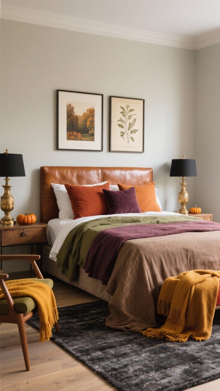 Wide bedroom shot focused on a warm, balanced fall palette layered over neutral walls: cream/greige walls and soft charcoal area rug, with accents in rust, caramel, ochre, olive, plum, and espresso; bed dressed in a linen duvet cover in cocoa or olive, terracotta and cognac pillow covers, deep fig lumbar pillow; artwork above bed features muted fall landscape prints and a vintage botanical sketch; antique brass and matte black accents on lamps and frames; a cognac leather headboard and a leather catchall on the nightstand; a marigold throw draped over a side chair; warm, even daylight with slight golden tone; sophisticated, not “pumpkin spice,” photorealistic.