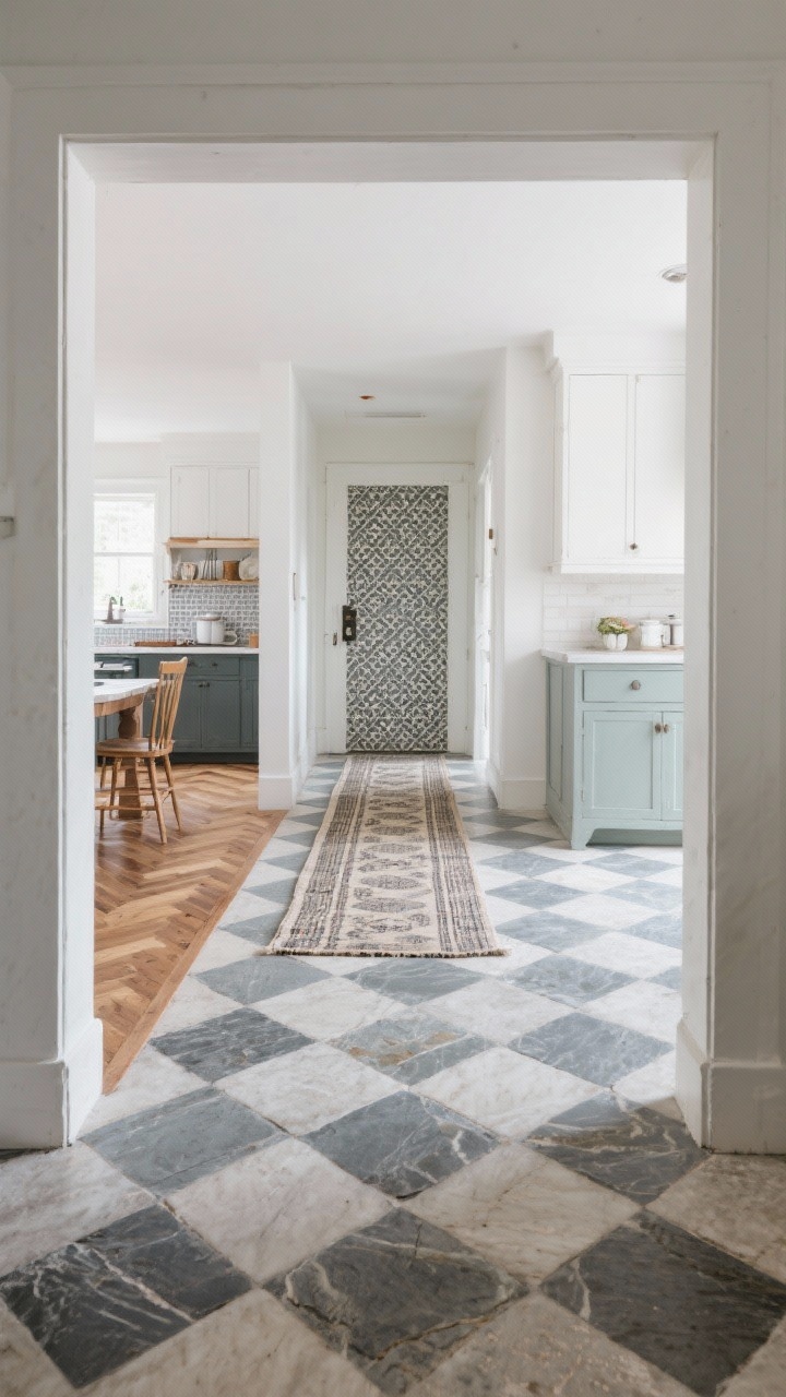 Wide floor-focused shot taken from doorway height: checkerboard stone floor in tonal grays flowing across the kitchen, transitioning to a herringbone wood area by a breakfast nook, with patterned vinyl tiles visible in a pantry doorway. A vintage runner softens the main aisle. Even daylight, crisp, architectural perspective, no people.