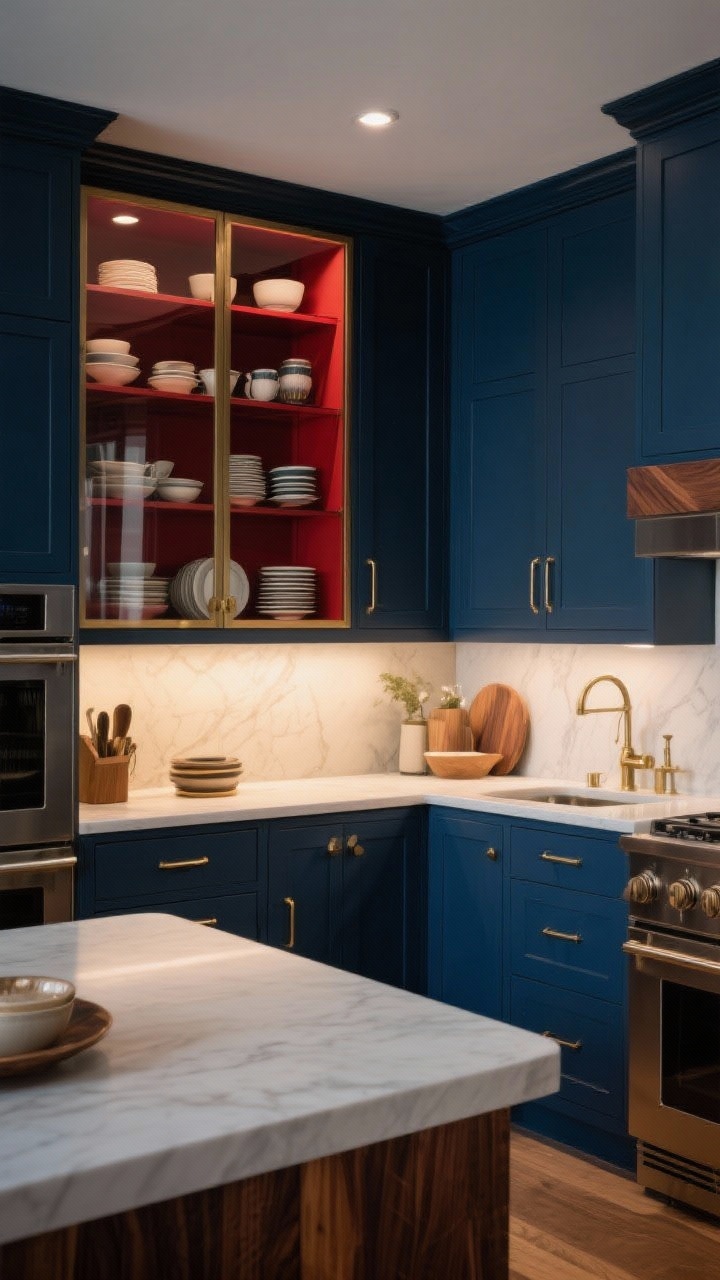 Wide shot of a moody kitchen with a curated color palette: cabinets in ink blue, walnut wood accents, and brass finishes. Include a surprise accent by painting the interior of glass-front upper cabinets in oxblood, with neatly arranged dishware inside. Balanced, intentional styling, warm ambient lighting, matte and satin textures, no people.