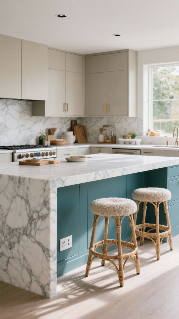 Wide, three-quarter angle of a hardworking kitchen island: a marble waterfall edge wrapping down both sides, hidden power strips discreetly integrated under the overhang, and statement stools in bouclé and cane. The island is painted a contrasting color to read like furniture against neutral cabinetry. Daylight illumination, clean surfaces, no people.