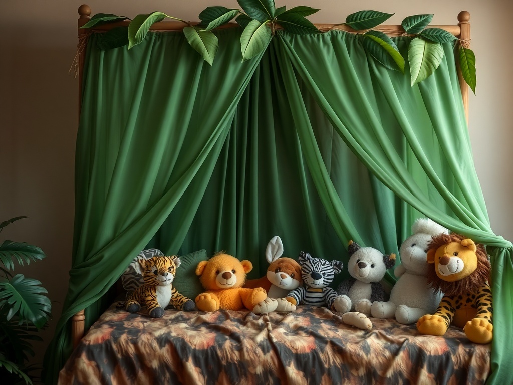 Canopy bed with leafy drapes and plush animal toys