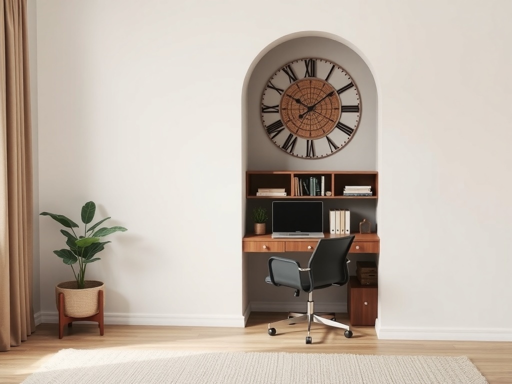 A small home office setup in a tight space with a desk, chair, and plants.