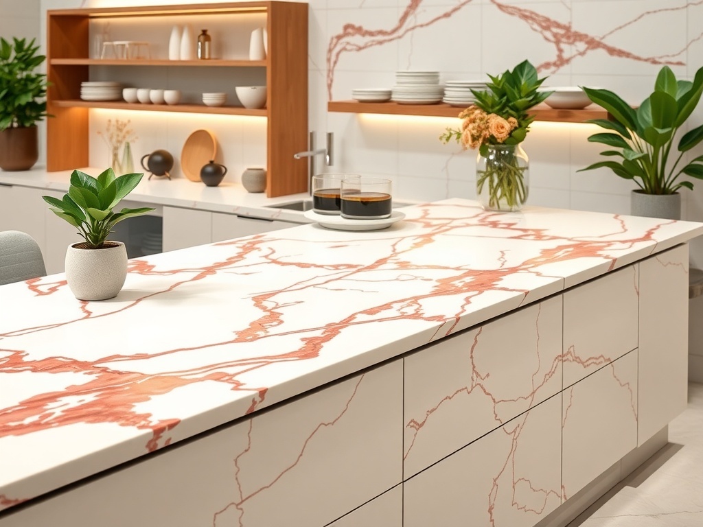 Luxurious kitchen with white marble countertops and red highlights