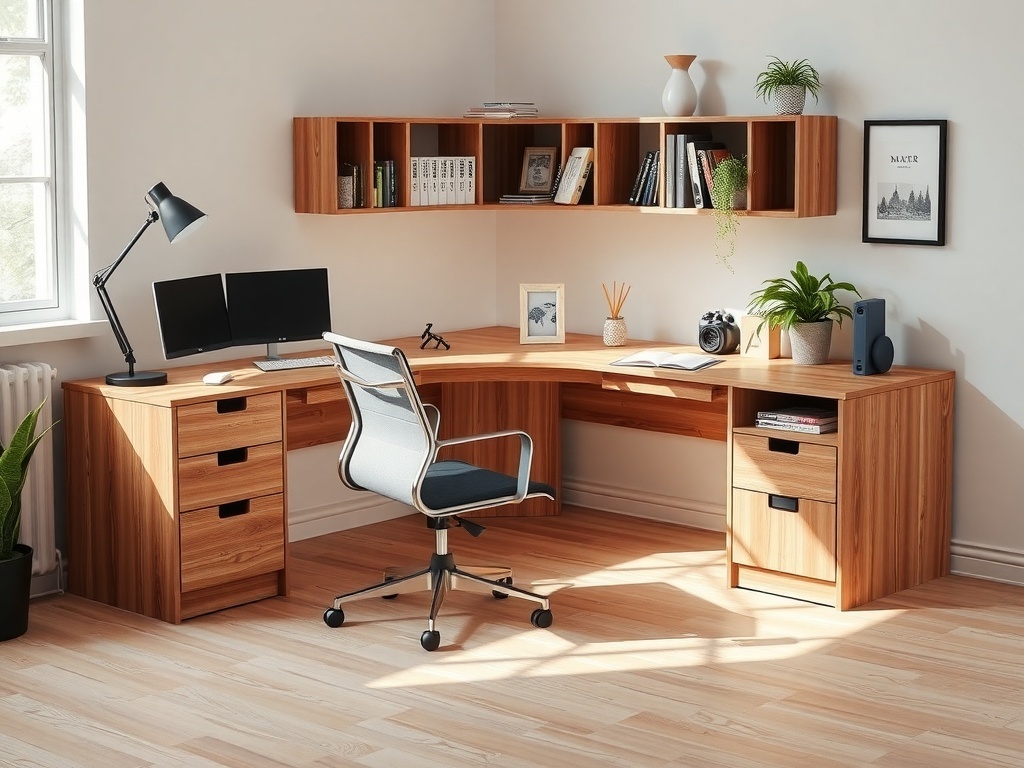 Stylish L-shaped wooden corner desk with storage and plants.