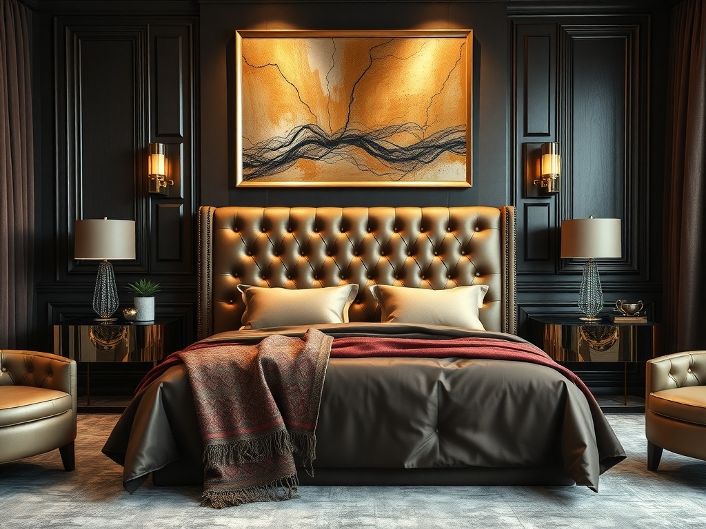 A luxurious bedroom featuring a tufted headboard, elegant decor, and sophisticated lighting.