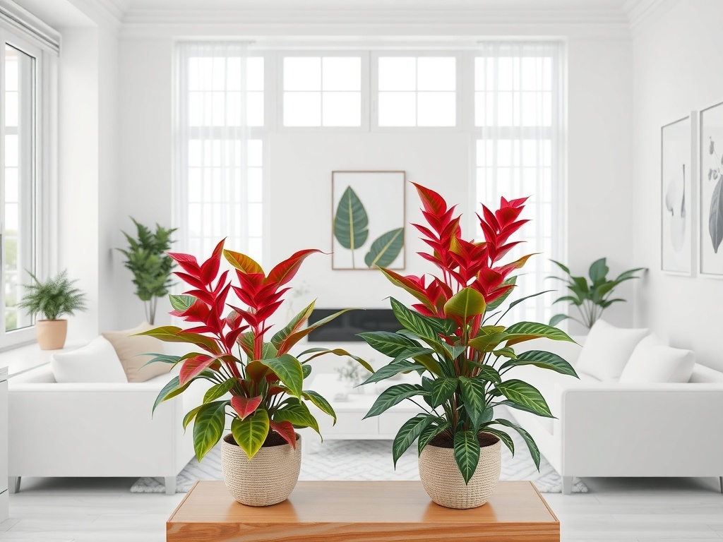 A bright living room filled with various indoor plants, featuring a white color scheme and a navy blue accent wall.