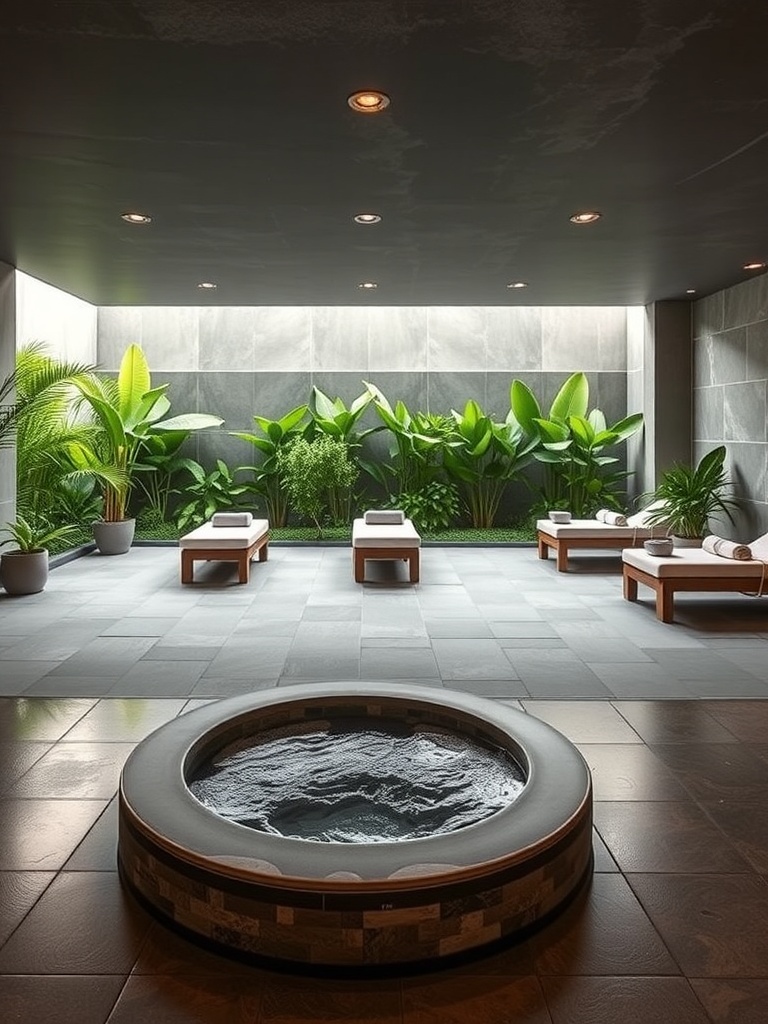 A modern private spa retreat featuring a hot tub, lounge chairs, and lush greenery.