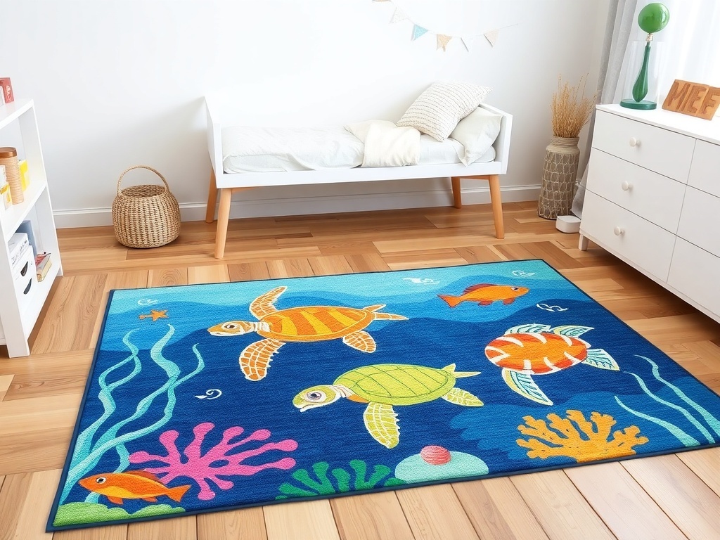 Colorful ocean-themed rug featuring turtles and fish in a kids bedroom