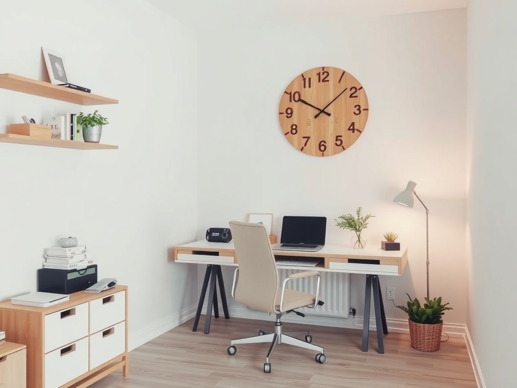 A small home office with a cozy chair, desk, and plants, designed for a calm work environment.
