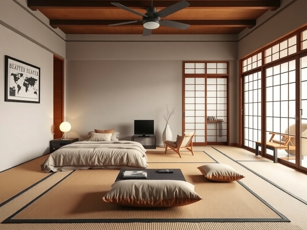 A serene bedroom with tatami mat flooring, showcasing a minimalist design with natural elements.