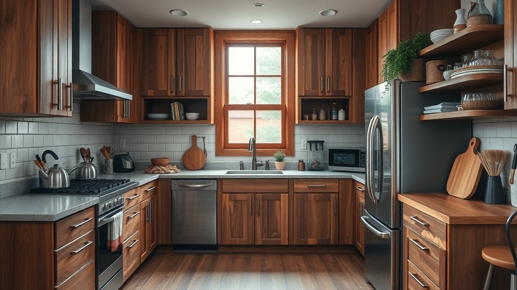 A modern rustic kitchen with wooden cabinets, stainless steel appliances, and open shelving.