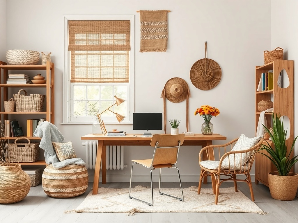 A cozy home office featuring natural textures with wooden furniture, wicker baskets, and plants.