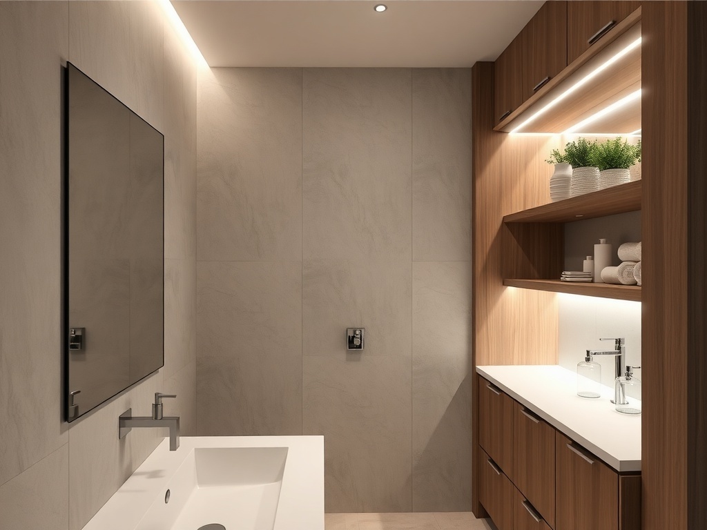 A modern bathroom featuring LED strip lighting above the vanity and shelves.