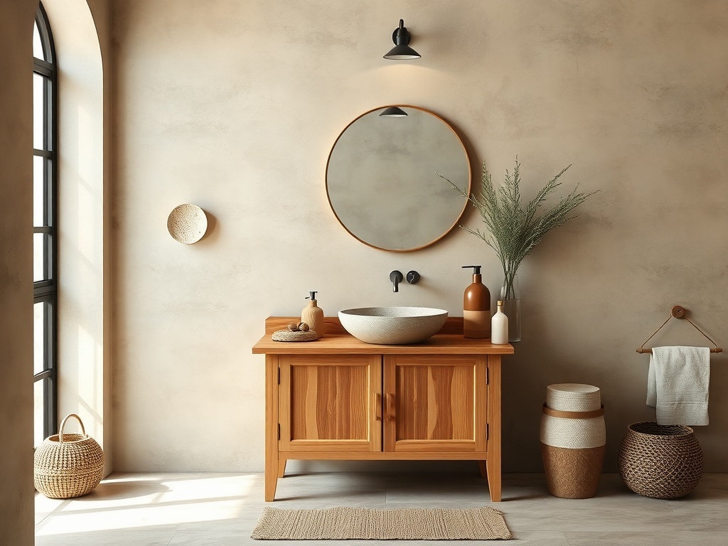 A rustic bathroom featuring a bamboo vanity with a stone sink, natural decor elements, and warm lighting.