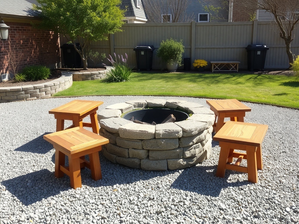 Traditional stone fire pit with wooden stools and gravel in a backyard setting.