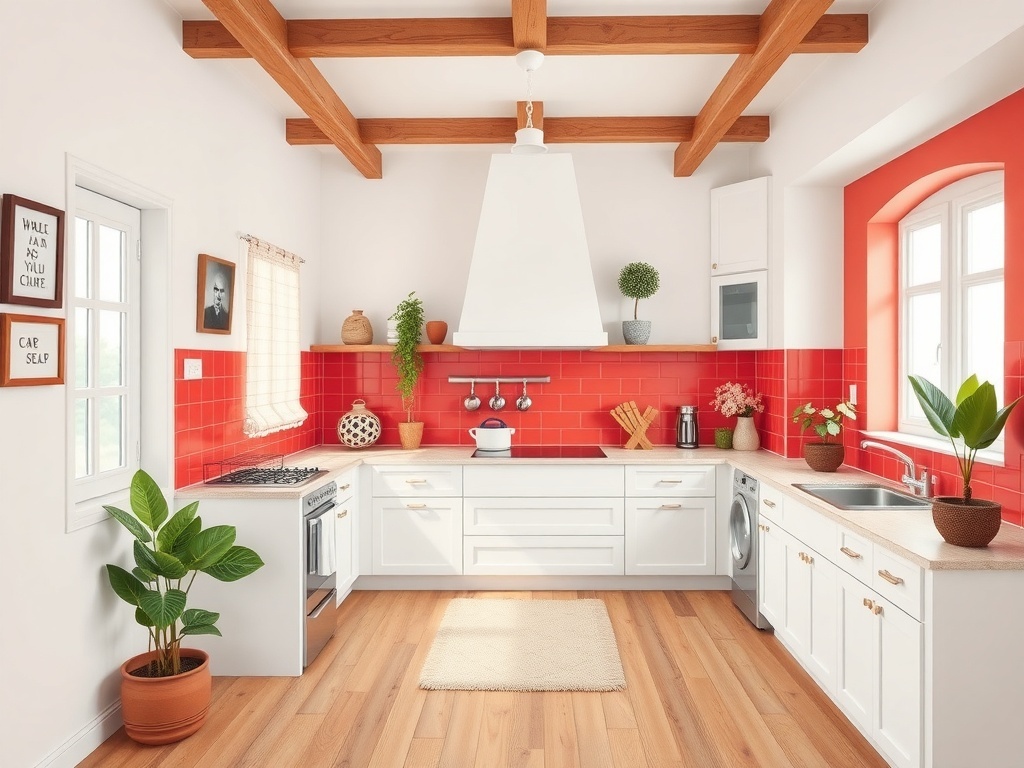 Luxurious red and white kitchen with natural elements like plants and wooden beams.