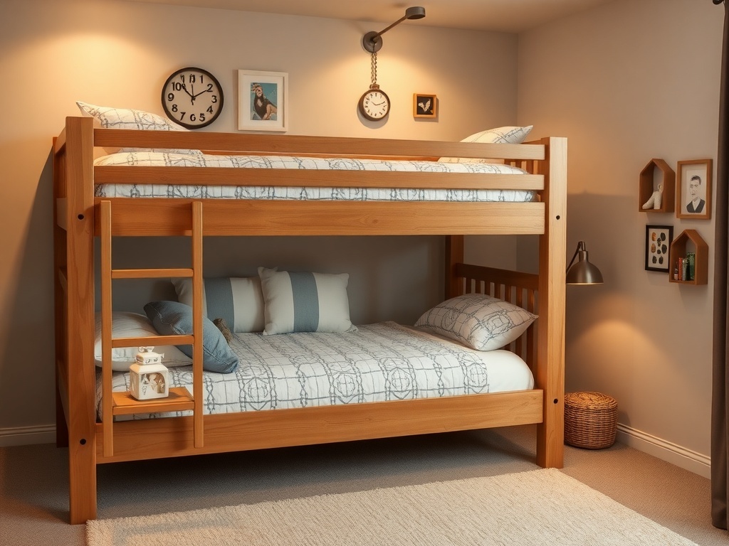 Classic wooden bunk bed in a cozy kids' bedroom with warm lighting.