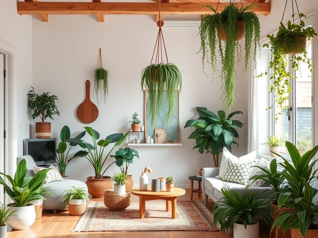 A bright and airy boho living room filled with various plants, showcasing a cozy and natural aesthetic.