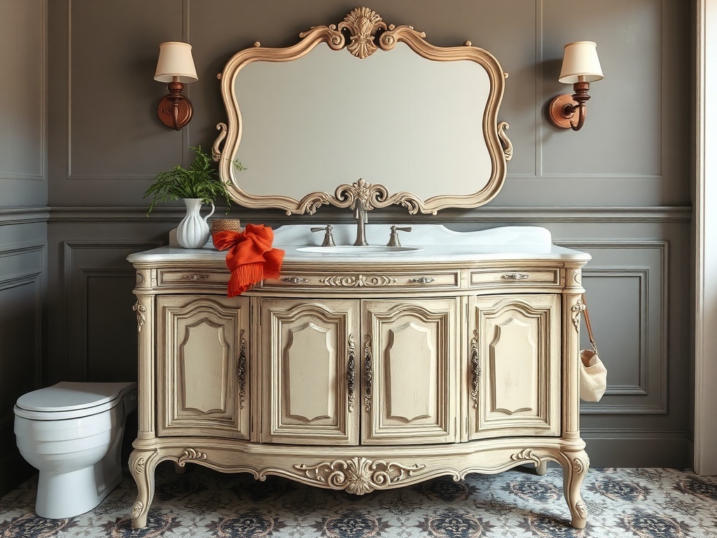 A vintage chic bathroom vanity with ornate details and a large mirror.