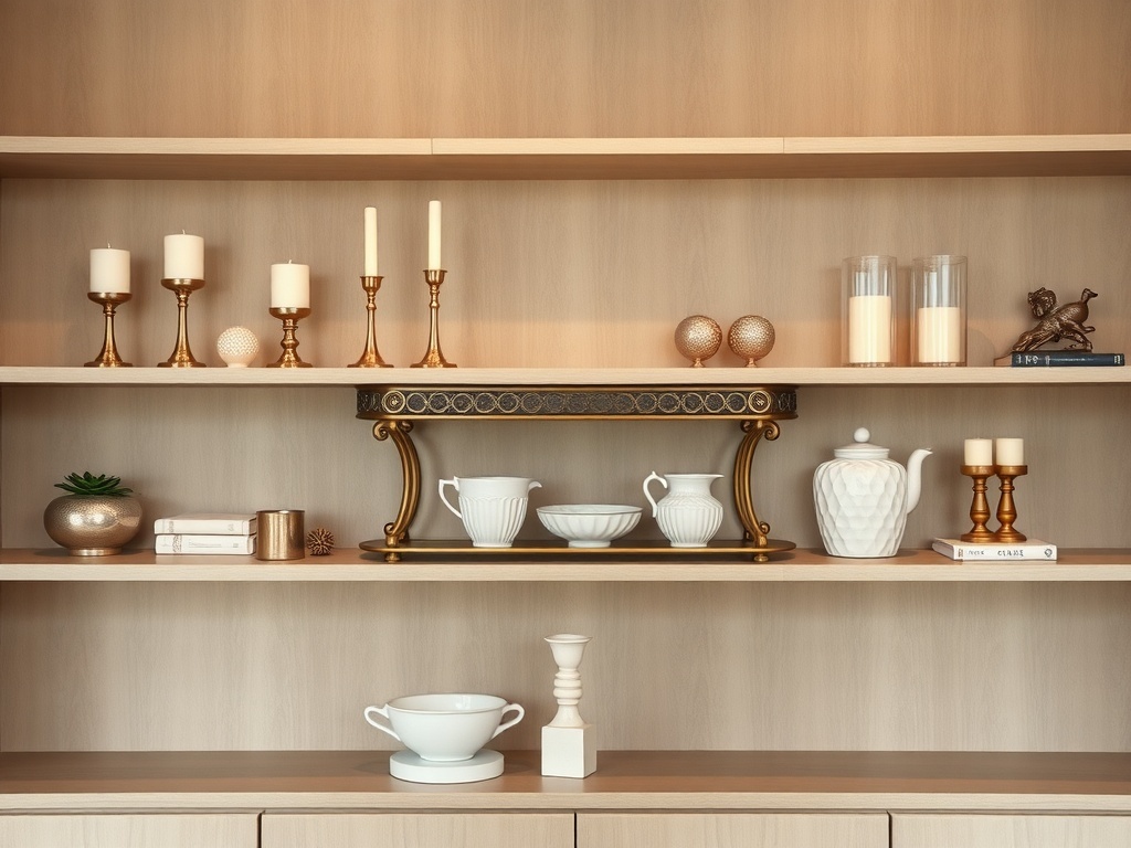 Stylish open shelves featuring artful serving trays, candles, and decorative items.