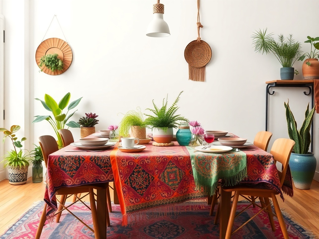 A colorful bohemian dining room table with plants and vibrant decor.