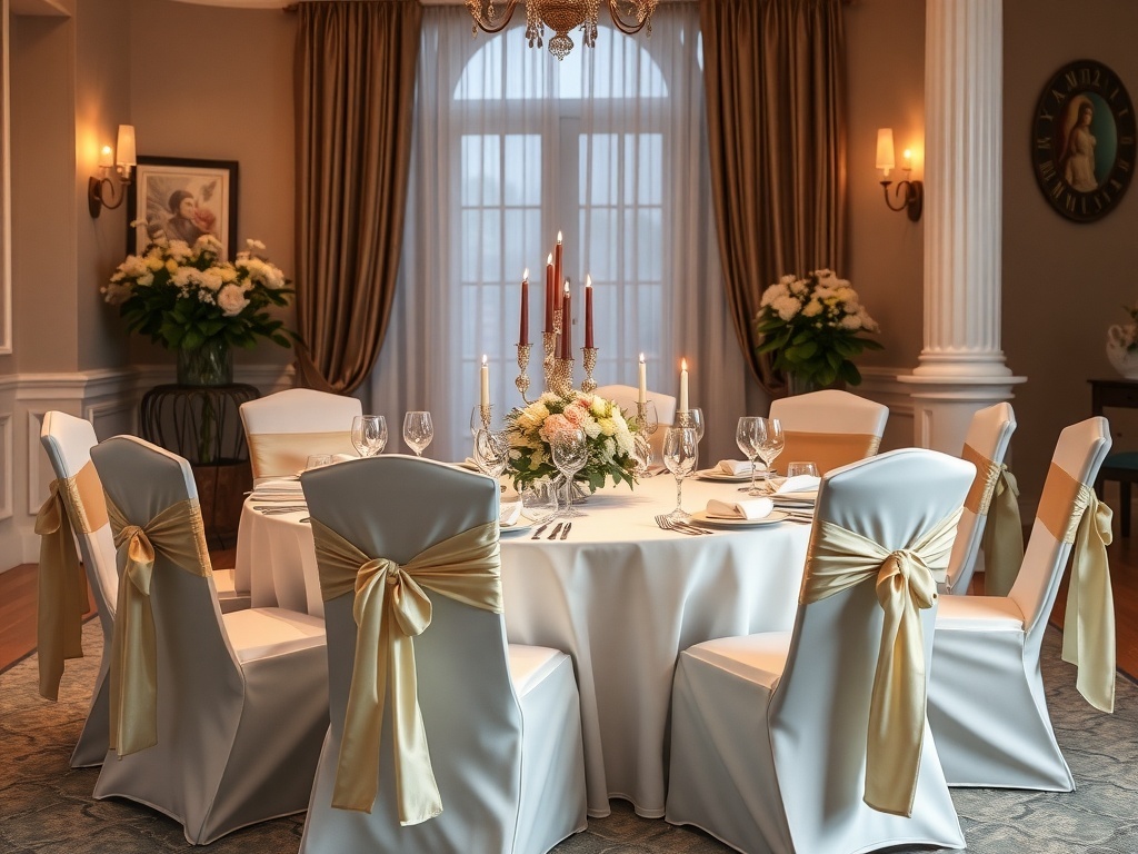 Elegant dining room with satin sashes on chairs, featuring a sophisticated setup.