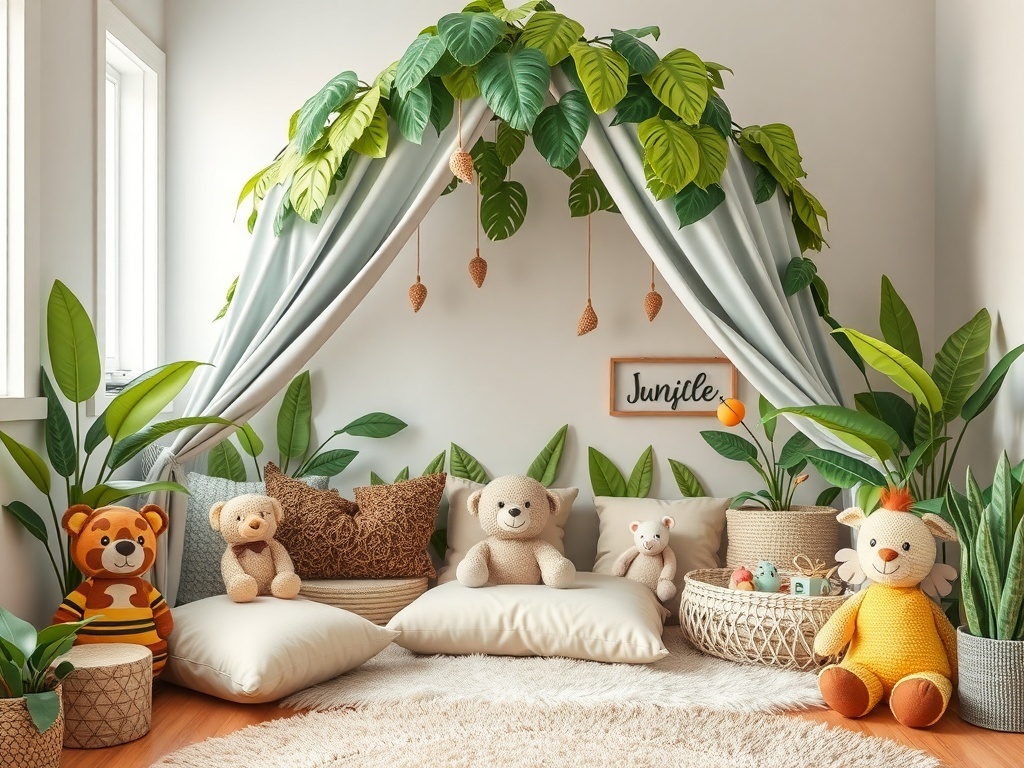 A cozy jungle-themed play area with cushions, stuffed animals, and leafy decor.