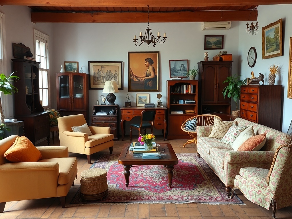 A cozy living room with mismatched furniture, featuring yellow armchairs, a floral-patterned sofa, and wooden furniture.