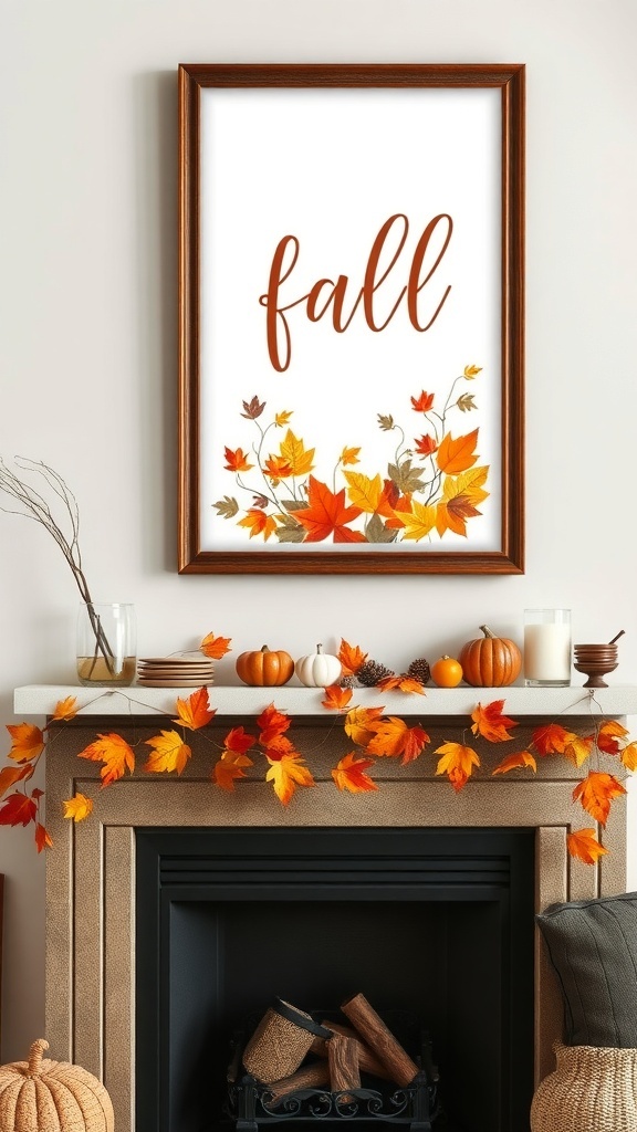 A fall-themed artwork displayed above a fireplace with autumn decorations.