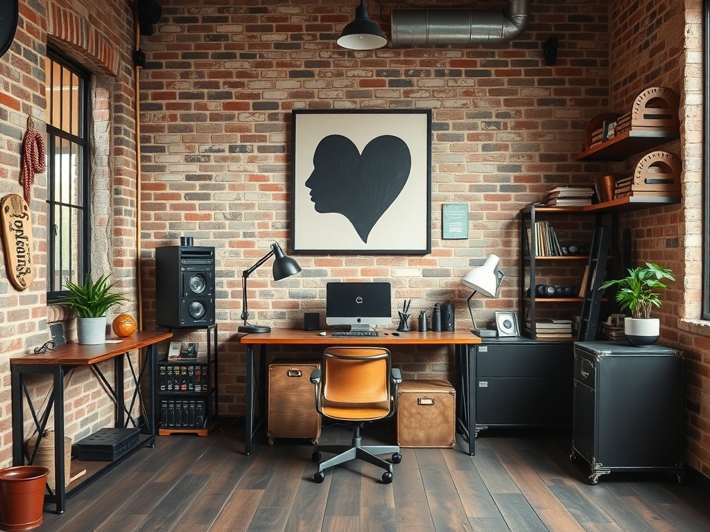 Industrial style home office featuring exposed brick walls, wooden and metal furniture, and large windows.