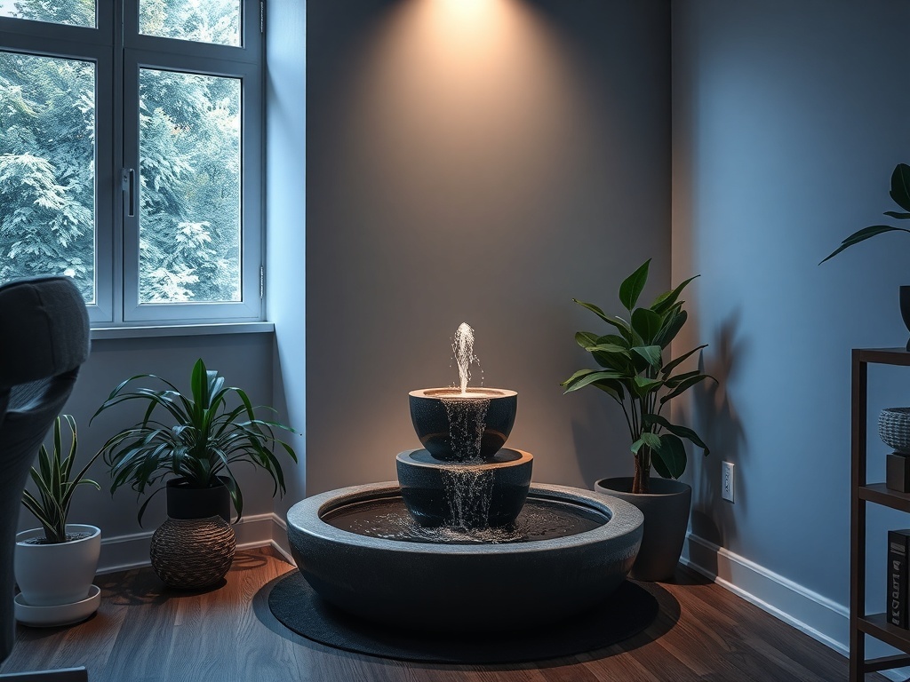 A cozy home office with a small water feature, plants, and natural light.