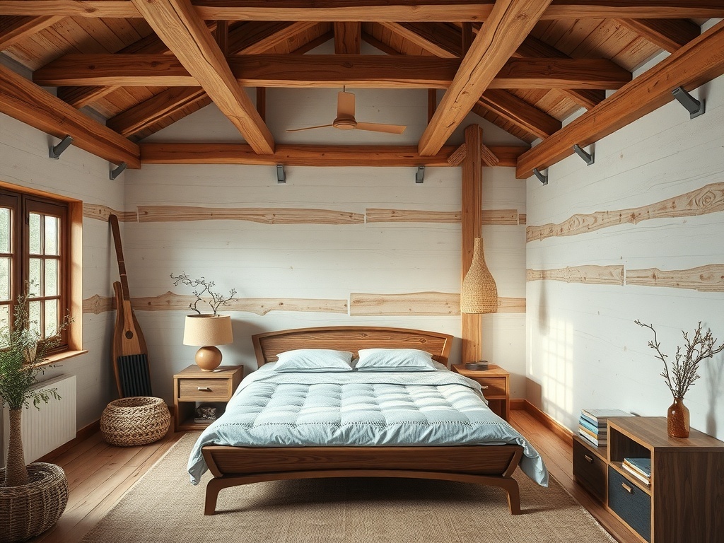 A bedroom featuring natural wood accents, including wooden beams, furniture, and decor.