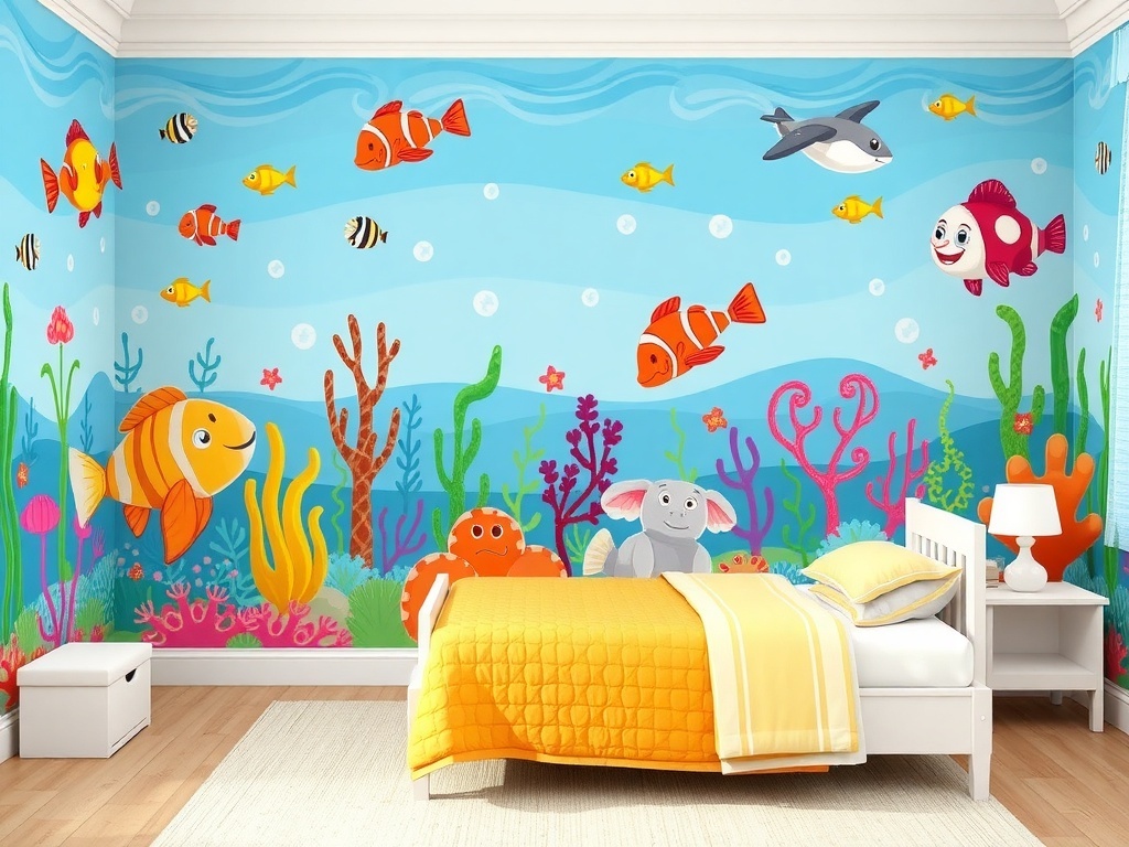 A colorful marine-themed wall mural featuring fish, coral, and sea creatures in a child's bedroom.