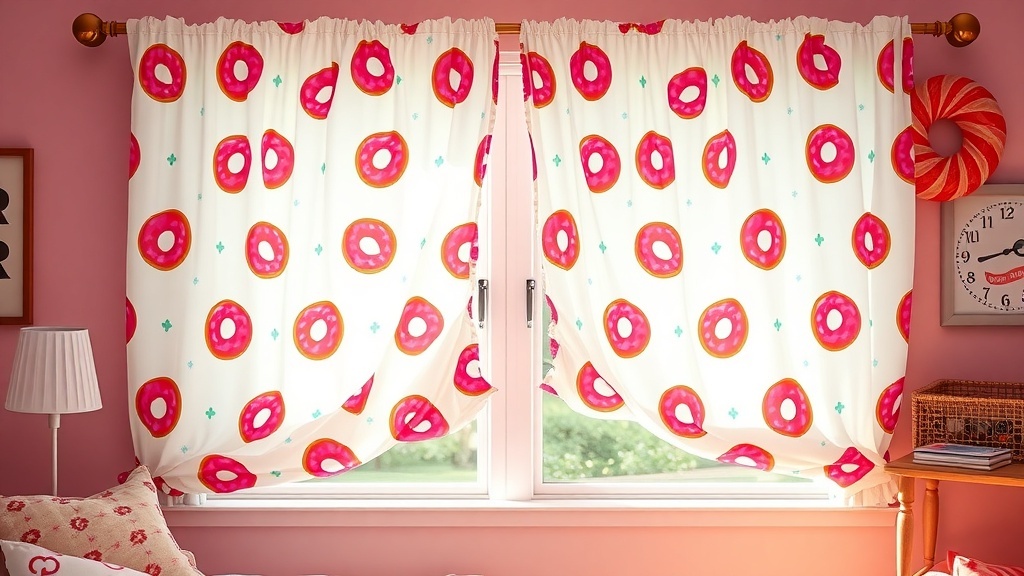 Donut themed curtains in a kids bedroom