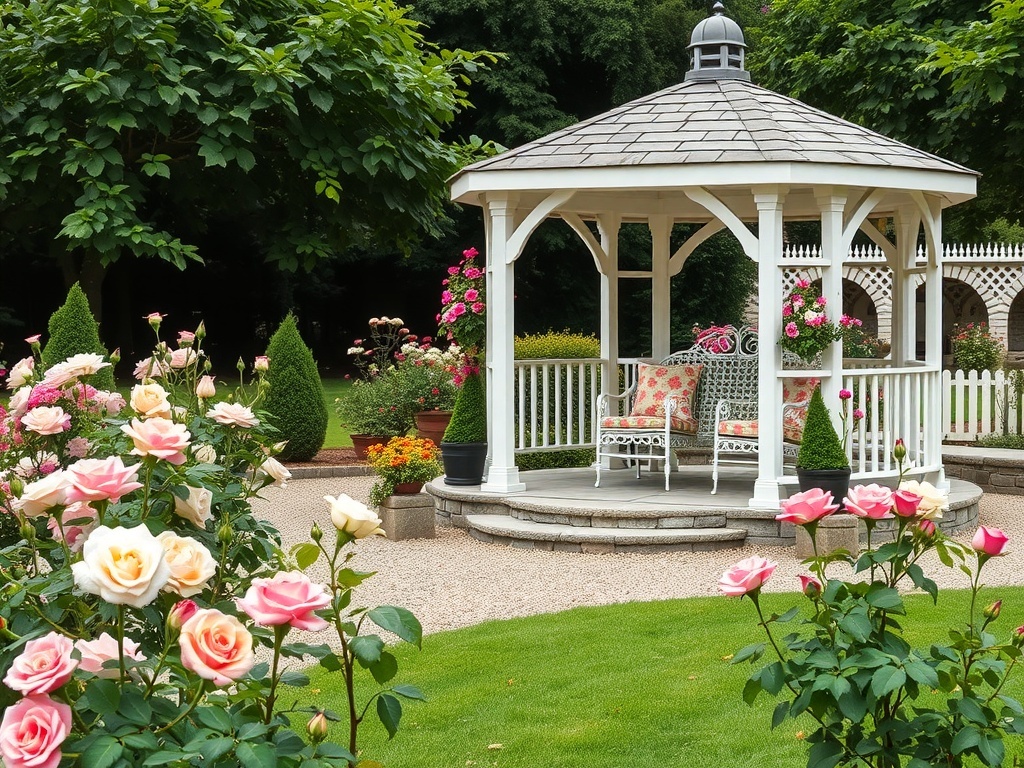 Zen garden featuring a gazebo, smooth stones, and lush greenery.