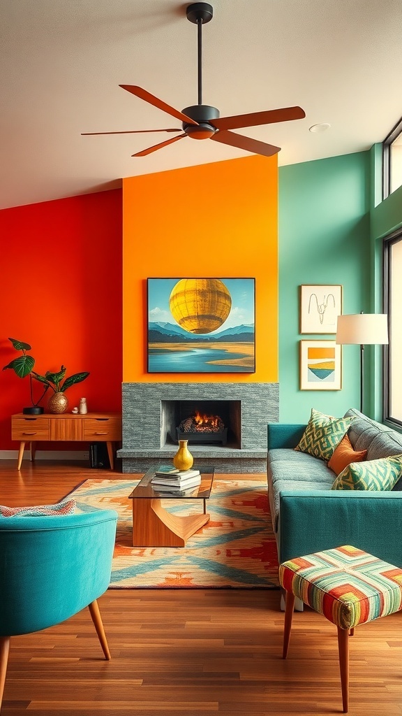 A mid-century modern living room featuring bold colors and patterns.