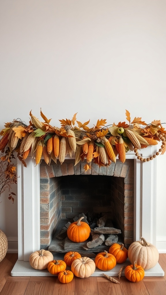 A fireplace decorated with a harvest-themed garland and pumpkins.