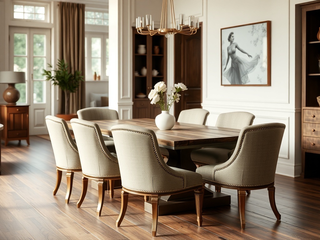 A dining room featuring bronze-trimmed chairs around a wooden table, with a stylish chandelier and decorative elements.