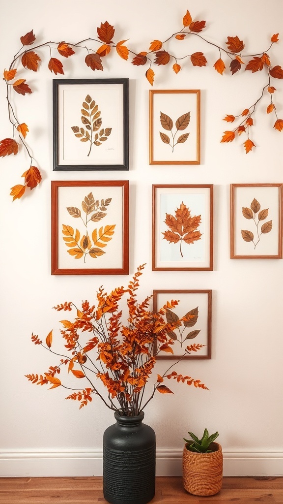 Nature-inspired wall art featuring framed botanical prints and autumn leaves